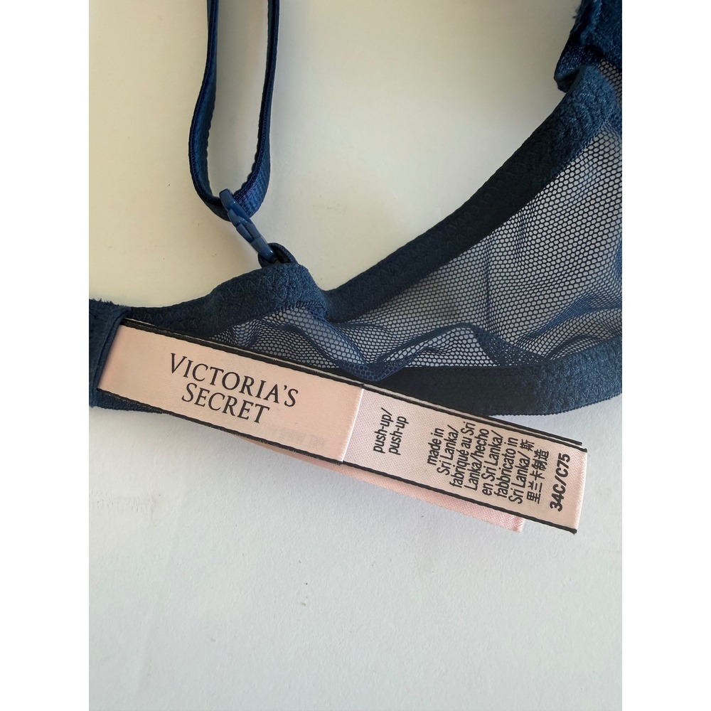 Victorias Secret Navy Blue Gold Metallic Floral Lace Push-Up Bra 34C 165380-QB5 - Picture 2 of 7